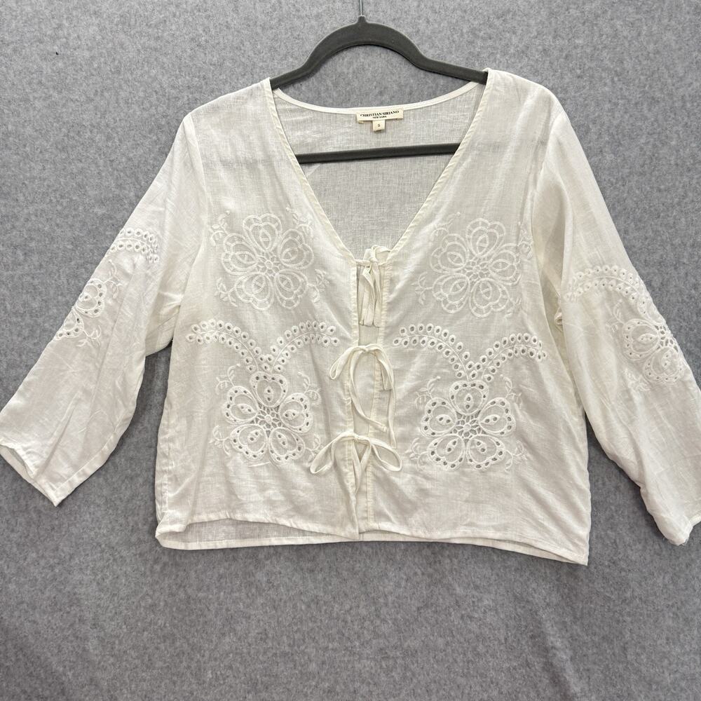 Christian Siriano Linen Blend Tie Front Top Sz S Cream Coquette Embroidered Boho